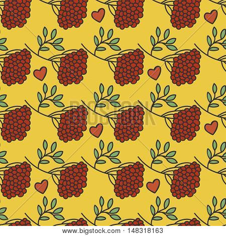 Kalina, leaves, hearts, autumn pattern on a yellow background.