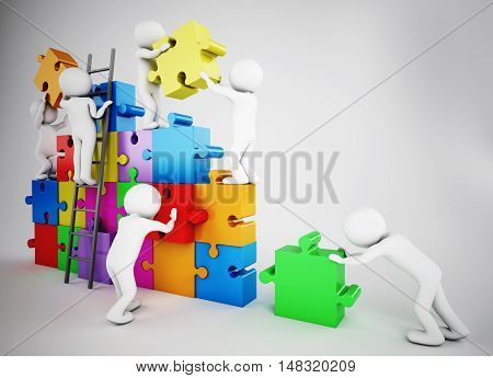White people build a company with puzzle. Concept of parthership and teamwork. 3D rendering