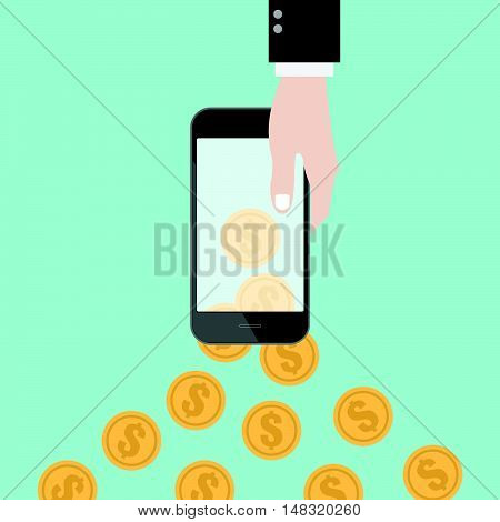 Money transfer with hand coin and smart phone. online shopping. mobile banking. Flat design business financial online marketing banking commerce vector concept cartoon illustration.