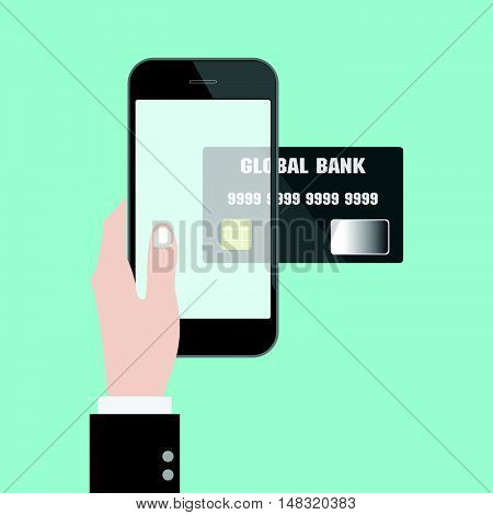 Money transfer with hand credit card and smart phone. online shopping. mobile banking. Flat design business financial online marketing banking commerce vector concept cartoon illustration.