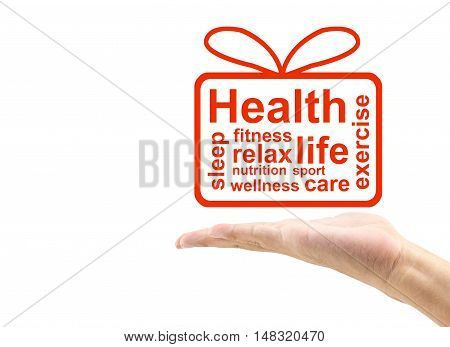 Concept or conceptual abstract word gift box with man hand metaphor to health nutrition wellness fitness sport heart relax exercise life care