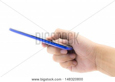 Male hand holding blank smart phone on white background