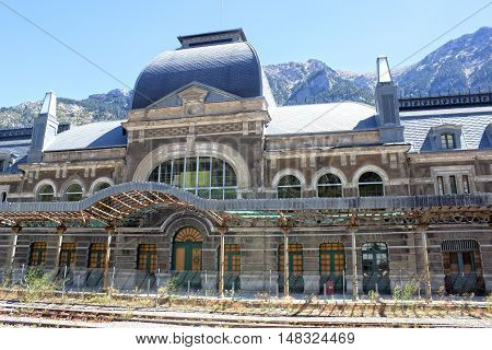 Train Station In Canfranc With The Railway In Front Of It, Spain