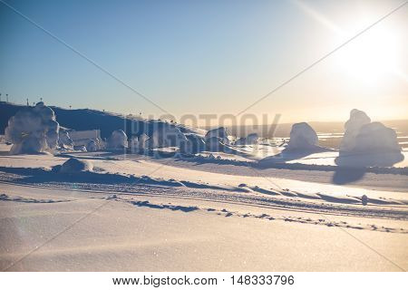Beautiful Cold Mountain View Of Ski Resort, Sunny Winter Day With Slope, Piste And Ski Lift