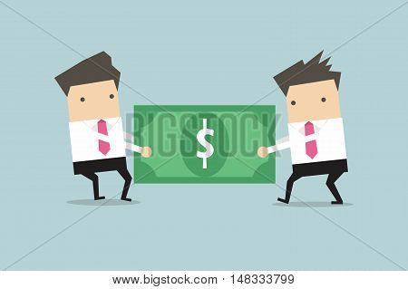 Two businessmen are pulling the dollar to each other. vector