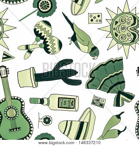 Seamless pattern with hand drawn mexican elements. Perfect background for your design. Travel to Mexico texture.