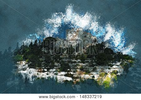 Pilgrimage church of Sant Salvador on green hill in Arta village, Mallorca island, Spain. Modern painting, background illustration.