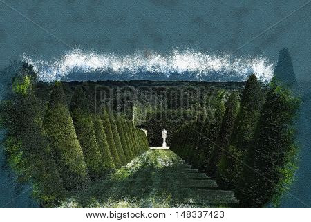 conical hedges lines and lawn, Versailles Chateau, France. Vintage painting, background illustration, beautiful picture, travel texture