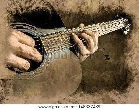 Closeup photo of an acoustic guitar played by a man. Only hands visible. Vintage painting, background illustration, beautiful picture, musical texture