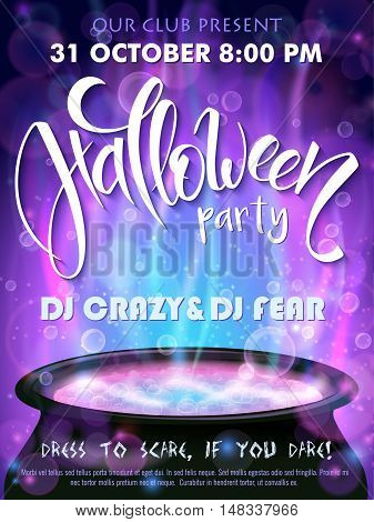 vector halloween party invitation poster with hand lettering greetings label - happy halloween - with boiling witch cauldron on background.