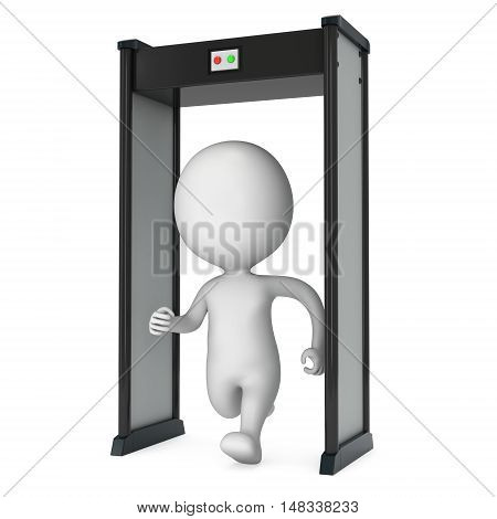 3D metal detector scanner and running man isolated on white background. Scanner entrance gate for prevent crime or terrorism in public place. Security concept.