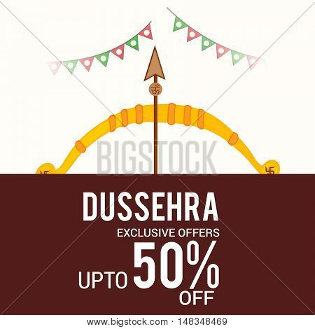illustration of Creative Offer banner or poster of dussehra with Bow and Arrow.