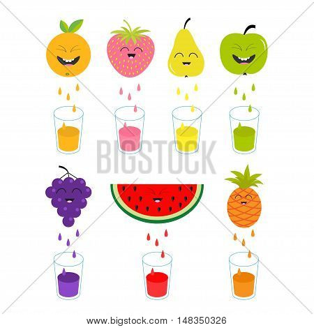 Fresh juice and glasses. Apple strawberry pear orange grape watermelon pineaple fruit with faces. Smiling cute cartoon character set. Natural product Juicing drops. Flat design. Isolated Vector