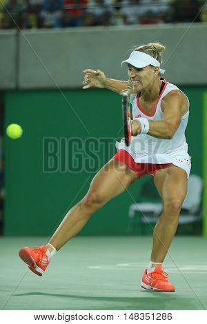 RIO DE JANEIRO, BRAZIL - AUGUST 13, 2016: Olympic silver medalist Angelique Kerber of Germany in action during tennis women's singles final of the Rio 2016 Olympic Games at the Olympic Tennis Centre