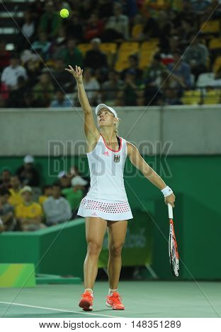 RIO DE JANEIRO, BRAZIL - AUGUST 13, 2016: Olympic silver medalist Angelique Kerber of Germany in action during tennis women's singles final of the Rio 2016 Olympic Games at the Olympic Tennis Centre