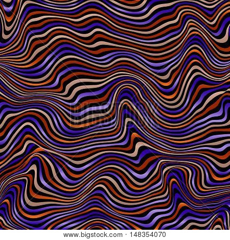 Wavy vivid striped vector background. Bright colorful pattern on black. Deformed distorted space. Abstract curved lines. Vector illustration for your design. Eps10