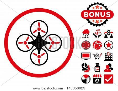 Air Drone icon with bonus pictogram. Vector illustration style is flat iconic bicolor symbols intensive red and black colors white background.