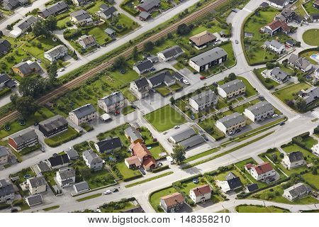 Norway. Aerial european rural city view. Andalsnes. Nesaksla viewpoint. Horizontal