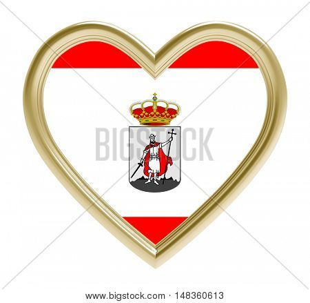 Gijon flag in golden heart isolated on white background. 3D illustration.