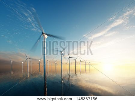 Offshore wind park at daybreak. 3d rendering.
