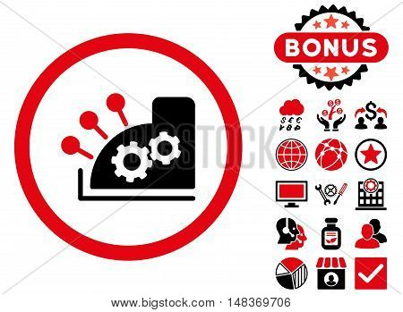 Cash Register icon with bonus pictogram. Vector illustration style is flat iconic bicolor symbols, intensive red and black colors, white background.