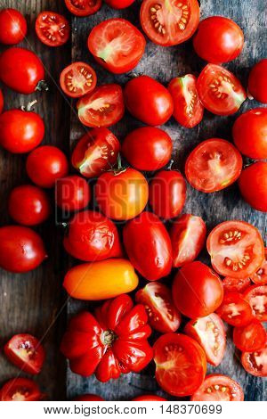 Tomato On Wooden Table. Freshly Picked Red Tomatoes. Variation O