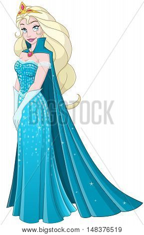 Vector illustration of a snow princess queen in blue dress and cape.