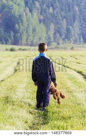 Sad childy is holding a brown teddy bear in the meadow. Back view. sadness fear frustration loneliness concept