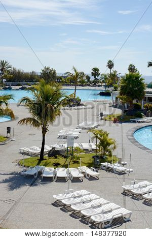 SANTA CRUZ, TENERIFE - APRIL 17, 2016: Outdoor swimming pool, Parque Maritimo Cesar Manrique in Santa Cruz de Tenerife, Spain.