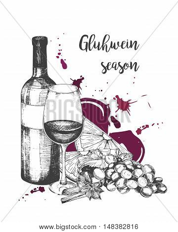 Vector set of mulled wine ingredients. Wine bottle glass orange greape anise cinnamon. Warm alcoholic drink. Hand drawn vintage style. Use for menu restaurant sales cold weather market