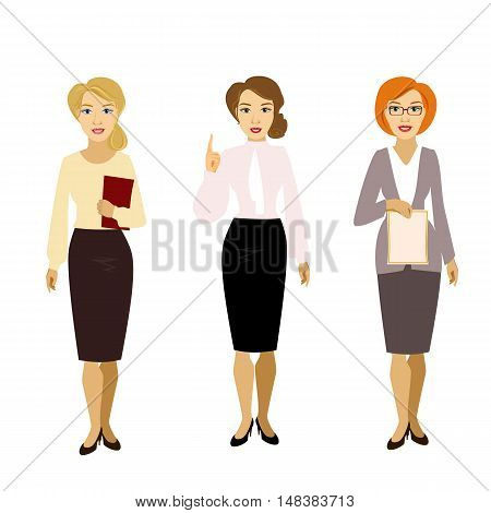 vector illustration of isolated different girl woman teacher skirt suit blouse shirt business assistant secretary glasses teachers day