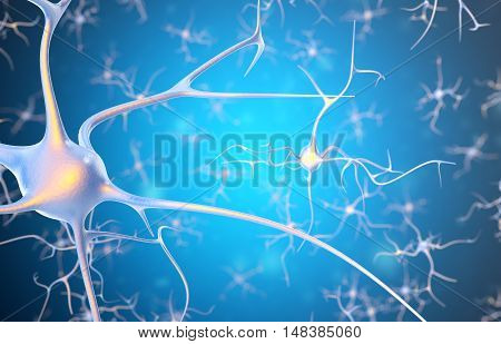 Neurons in the brain with focus effect. 3d rendering.