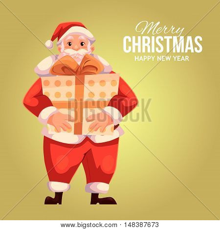 Cartoon style Santa Claus holding a big gift box, Christmas vector greeting card. Full length portrait of Santa holding a large present box on gold background, greeting card template for Christmas eve