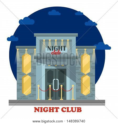 Night club facade with entrance and lights. Structure outdoor exterior view