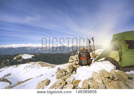Camping on the top of the mountain in winter.