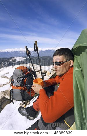 Camping on the top of the mountain in winter.