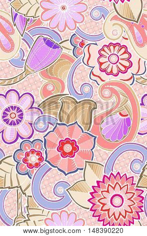 Seamless ornamental pattern with stylized tulip flowers and tribal paisley. Ethnic floral design template can be used for wallpaper, pattern fills, textile, fabric, wrapping, surface textures