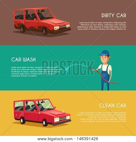 Car washing service. Vector cartoon illustration. Worker washing a car. Spraying water from the hose. Car wash specialist in uniform