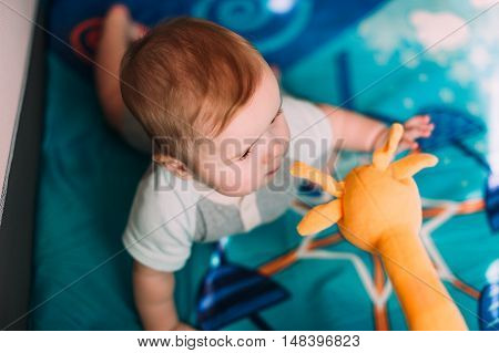 Cute Little Baby Boy Playing In Colorful Playpen, Indoors. Beautiful Child Having Fun At Nursery.