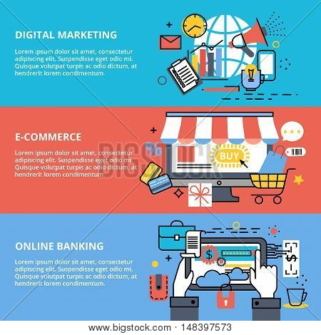 Modern flat thin line design vector illustration concept of digital marketing e-commerce and online banking for graphic and web design
