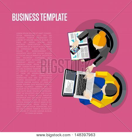 Business template with space for text. Top view workspace background, vector illustration. Overhead view of business people working with financial documents on perpl background. Business workplace.