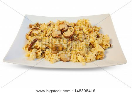Hot Risotto With Mushrooms On White Plate On White Background