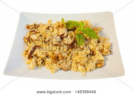 Hot Risotto With Mushrooms On White Plate On White Background