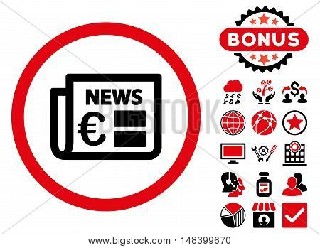 Euro Newspaper icon with bonus images. Vector illustration style is flat iconic bicolor symbols, intensive red and black colors, white background.