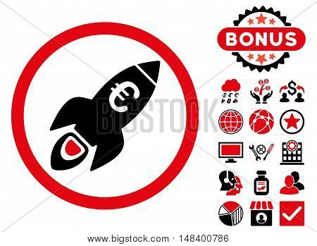 Euro Rocket Startup icon with bonus design elements. Vector illustration style is flat iconic bicolor symbols, intensive red and black colors, white background.