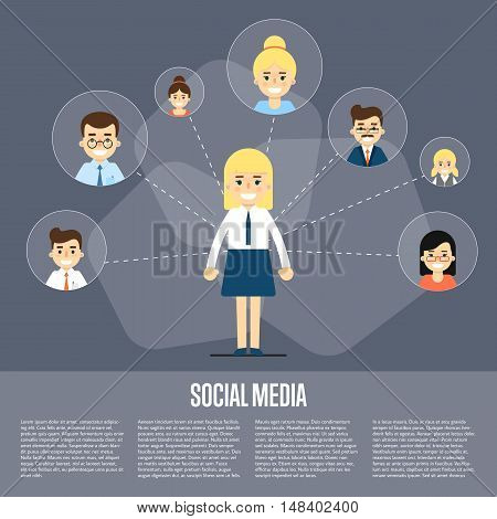Social media and social network people connecting. Social network concept. Business network social conncetions. People life in social network. Social networking. Social media network infographics with people and their social network. Teamwork concept.