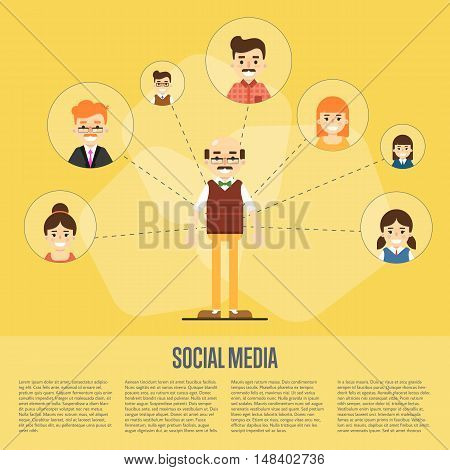 Social media and social network people connecting. Social network concept. Business network social conncetions. People life in social network. Social networking. Social media network infographics with people and their social network. Teamwork concept.