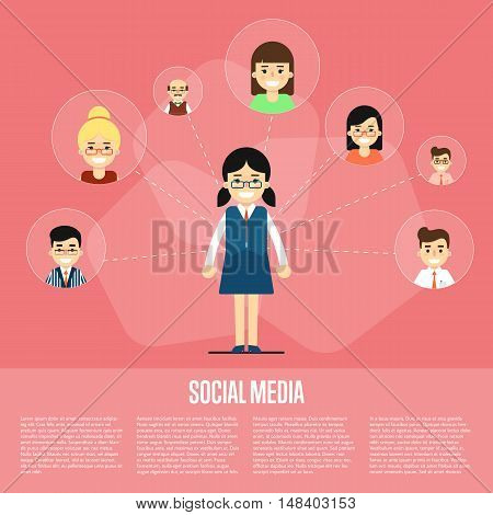 Social media and social network people connecting. Social network concept. Business network social conncetions. People life in social network. Social networking. Social media network infographics with people and their social network. Teamwork concept.