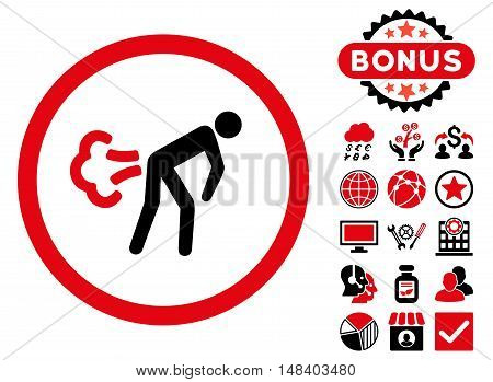 Fart icon with bonus design elements. Vector illustration style is flat iconic bicolor symbols, intensive red and black colors, white background.