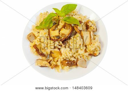 Hot Risotto With Mushrooms On White Plate On White Background